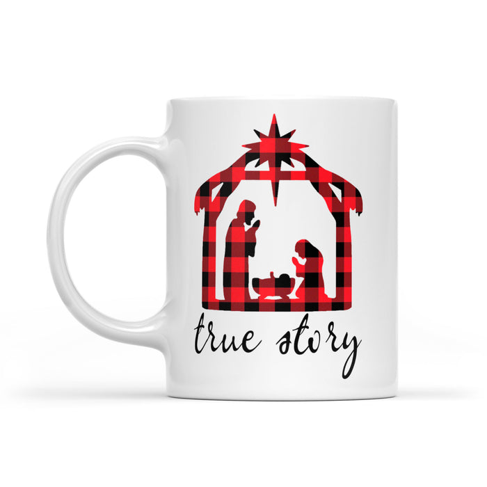 True Story Christmas Manger Nativity Scene Red Buffalo Plaid -   White Mug Gift For Christmas