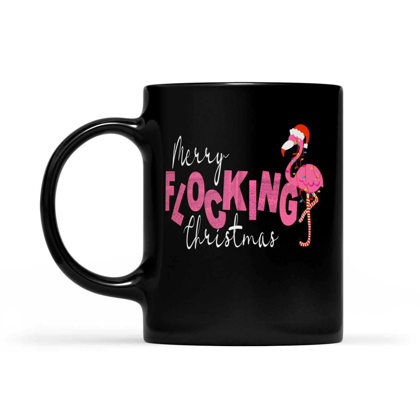 Frohe beflockte Weihnachten. Schwarze Tasse als Geschenk für Weihnachten