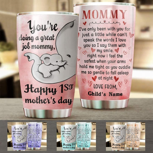 Personalized Mommy Tumbler Elephant, Happy 1st Mother's Day Gifts, 20 Oz Sports Bottle Stainless Steel, Vacuum Insulated Tumbler