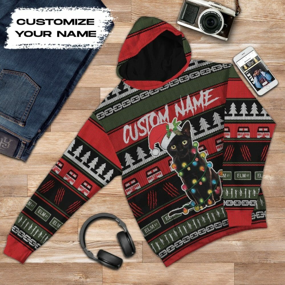3D Custom Schwarze Katze Hässliche Weihnachten T-Shirt Hoodie Bekleidung