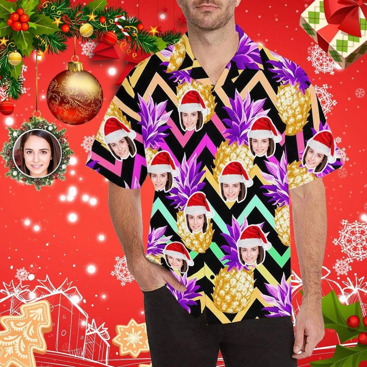 Custom Face Golden Pineapple Men's All Over Print Hawaiian Shirt, Hawaiian Shirt Gift, Christmas Gift