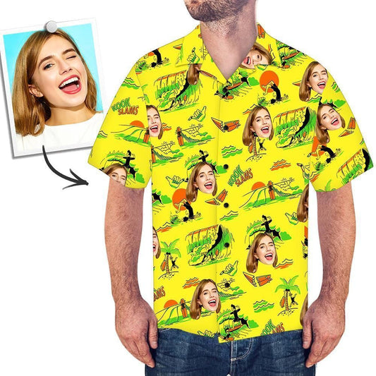 Funny Girl Surfing In Yellow Custom Photo Hawaiian Shirt, Hawaiian Shirt Gift, Christmas Gift
