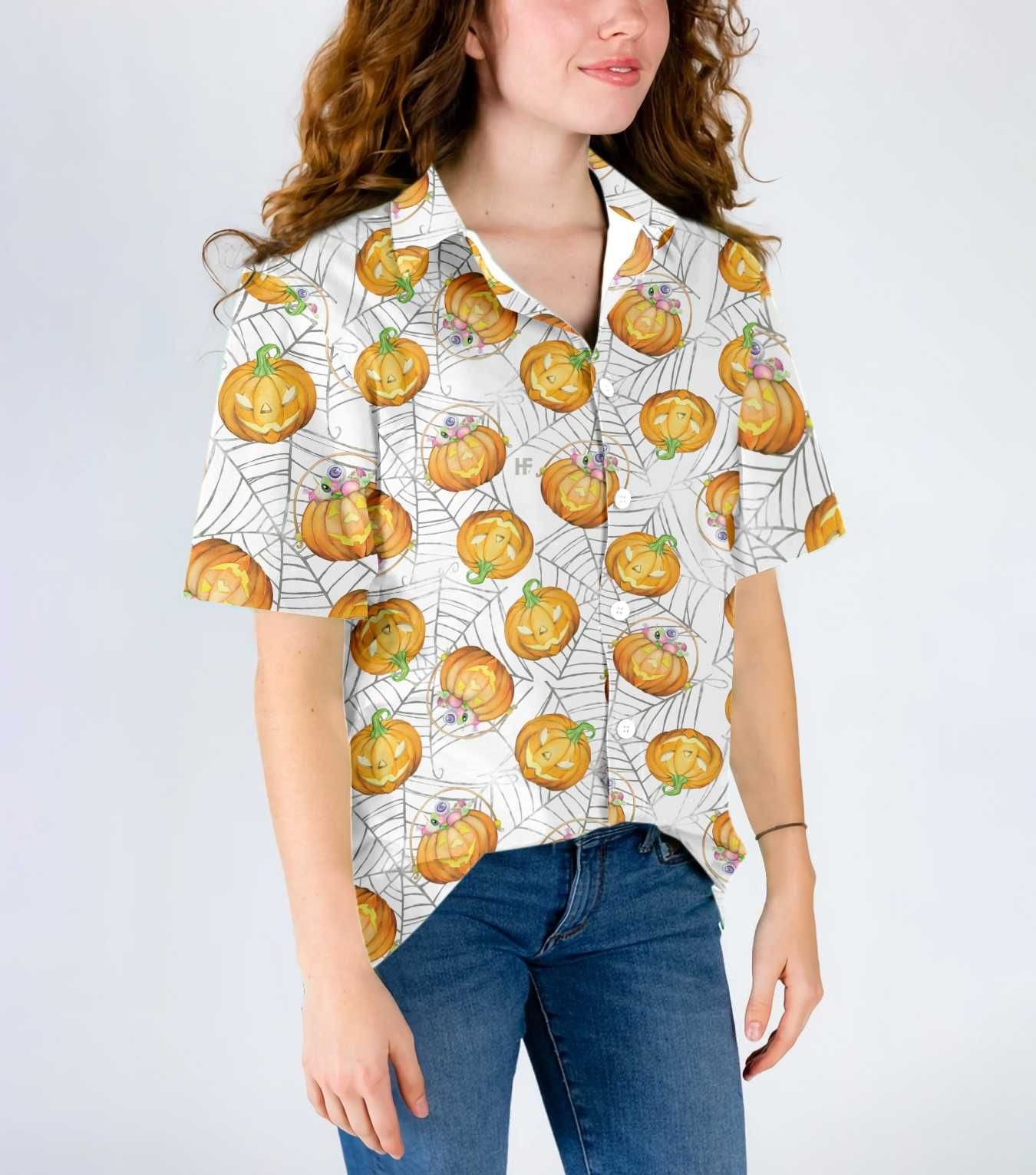 Halloween Pumpkin Candy On Spider Web Dramatic Hawaiian Shirt, Hawaiian Shirt Gift, Christmas Gift