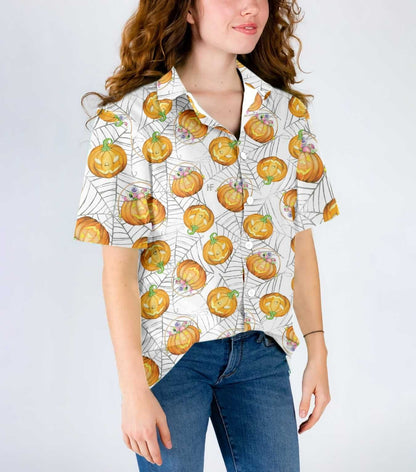 Halloween Pumpkin Candy On Spider Web Dramatic Hawaiian Shirt, Hawaiian Shirt Gift, Christmas Gift