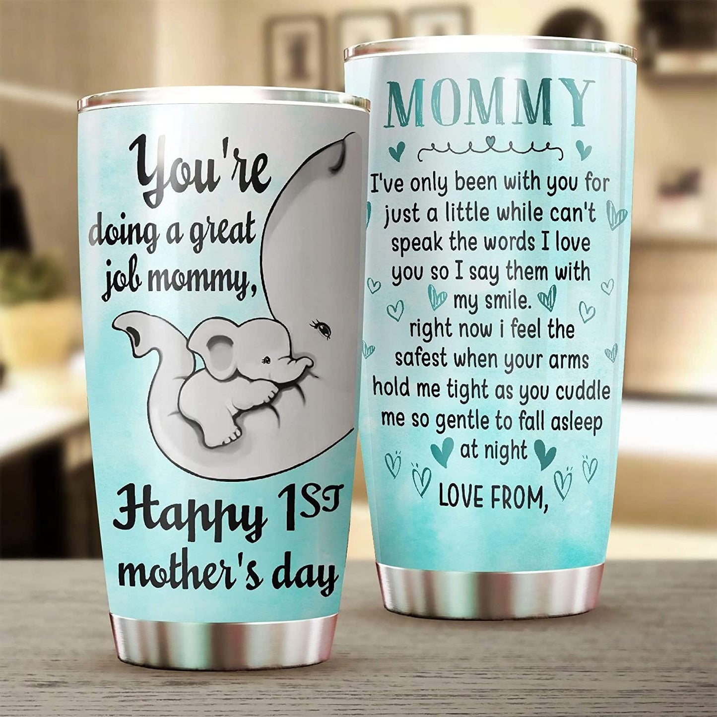 Personalized Mommy Tumbler Elephant, Happy 1st Mother's Day Gifts, 20 Oz Sports Bottle Stainless Steel, Vacuum Insulated Tumbler