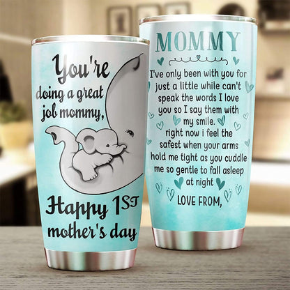 Personalized Mommy Tumbler Elephant, Happy 1st Mother's Day Gifts, 20 Oz Sports Bottle Stainless Steel, Vacuum Insulated Tumbler