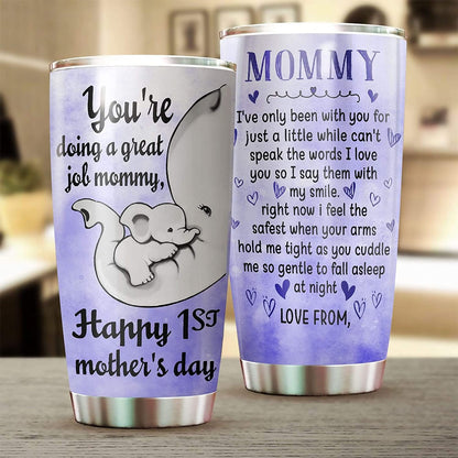 Personalized Mommy Tumbler Elephant, Happy 1st Mother's Day Gifts, 20 Oz Sports Bottle Stainless Steel, Vacuum Insulated Tumbler