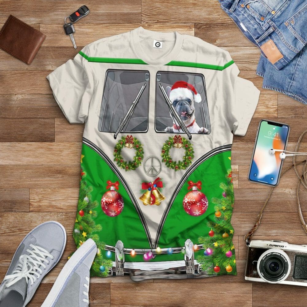3D Bulldogs fahren Hippie-Autos zu Weihnachten Custom T-Shirt Bekleidung