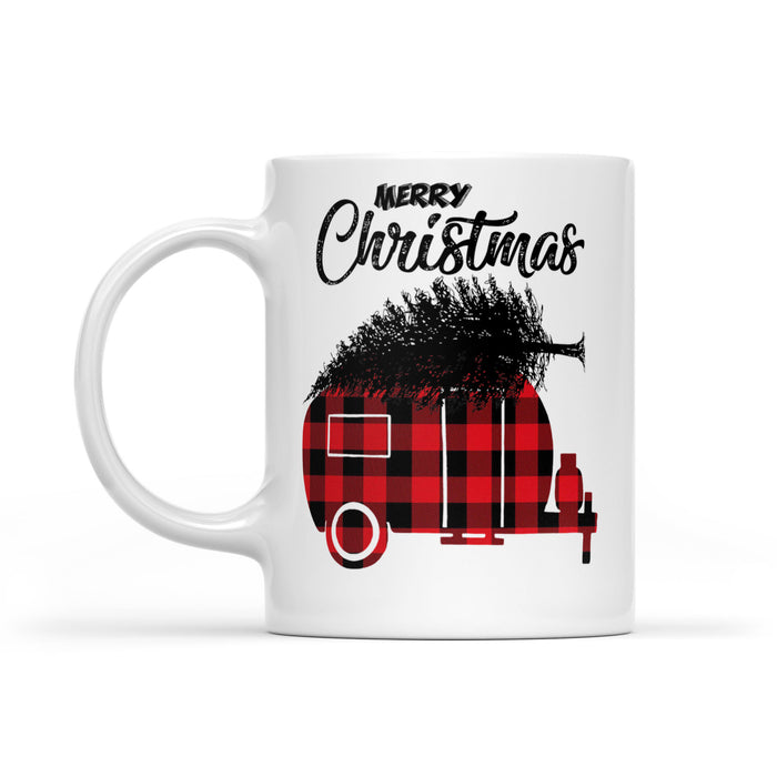 Red Buffalo Plaid Merry Christmas Gift For Camping Lovers Long Sleeve T-shirt -   White Mug Gift For Christmas