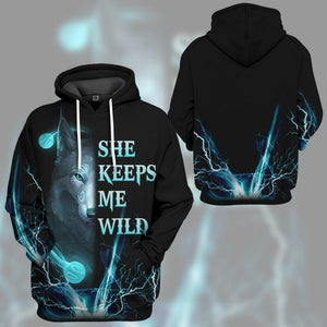 3D Wolf Blue She Keep Me Wild Custom Tshirt Hoodie Apparel