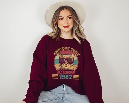 Awesome Since October 1982 39th Birthday Gift Cat Lover Sweatshirt