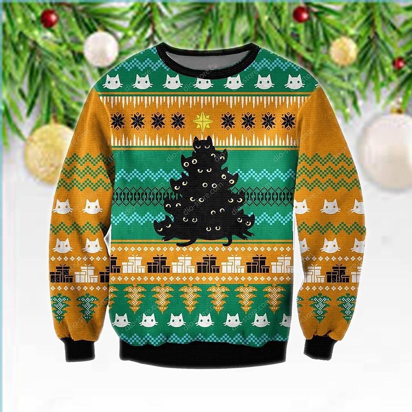 Black Cat Tree Meowy Ugly Christmas Orange Sweater, Christmas Ugly Sweater, Christmas Gift, Gift Christmas 2024