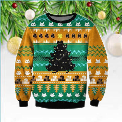 Black Cat Tree Meowy Ugly Christmas Orange Sweater, Christmas Ugly Sweater, Christmas Gift, Gift Christmas 2024