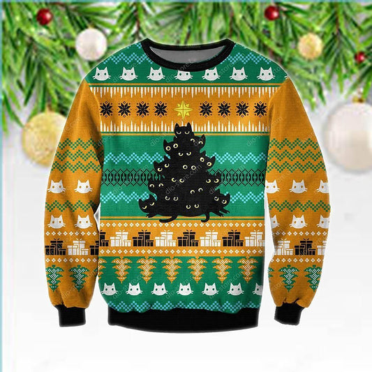 Black Cat Tree Meowy Ugly Christmas Orange Sweater, Christmas Ugly Sweater, Christmas Gift, Gift Christmas 2024
