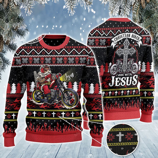 Christian Biker I Ride With Jesus All Over Print Sweater, Christmas Ugly Sweater, Christmas Gift, Gift Christmas 2024