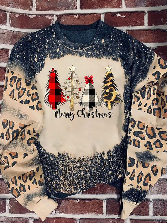 Christmas 4 Tree Leopard Bleached Sweater, Christmas Gift, Gift Christmas 2024