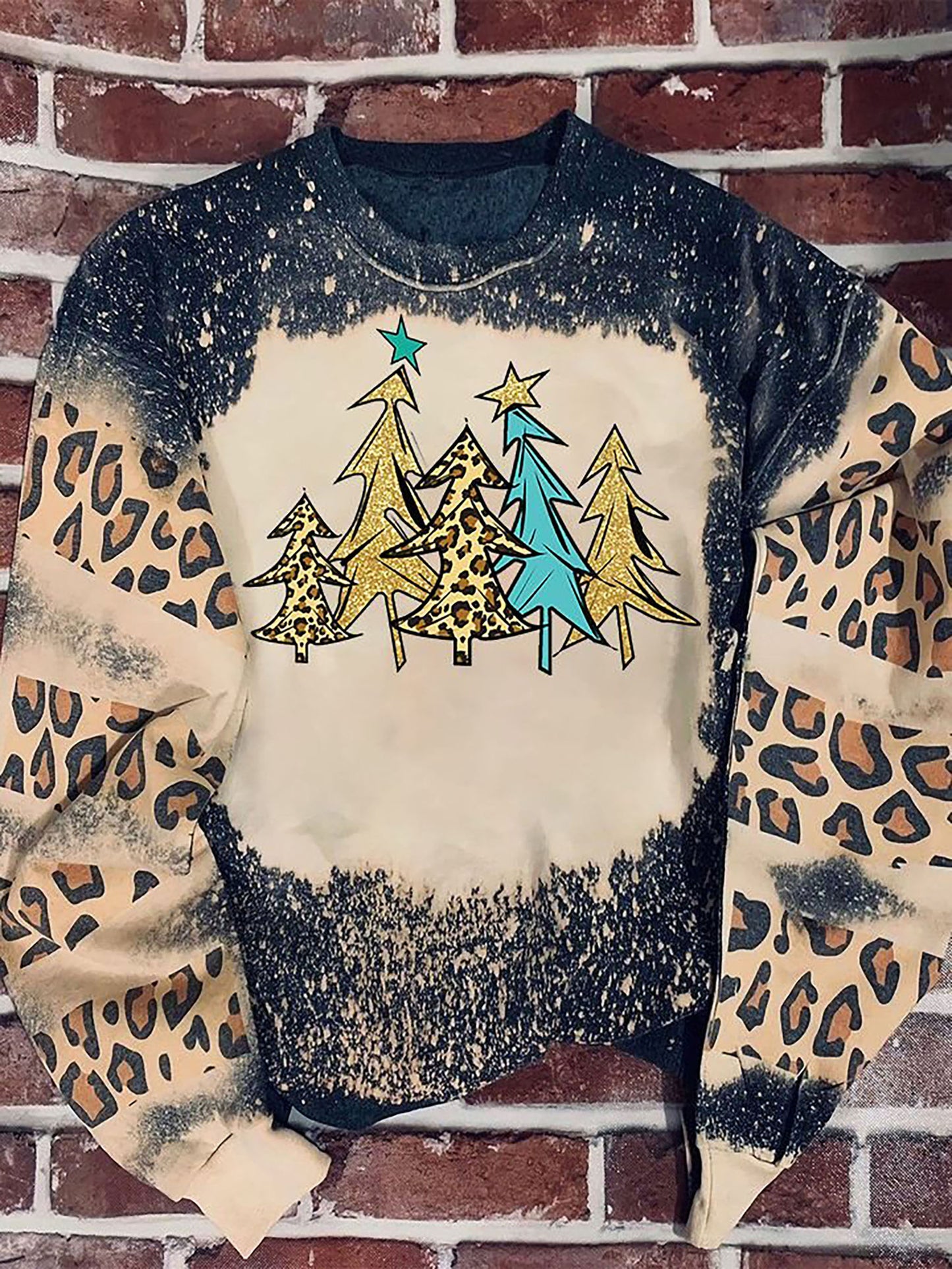 Christmas Gold Tree Leopard Bleached Sweater, Christmas Ugly Sweater, Christmas Gift, Gift Christmas 2024