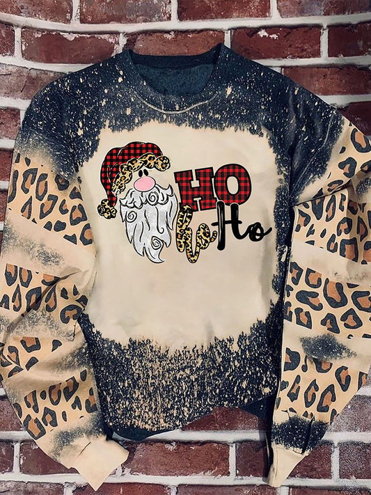 Christmas Santa Hohoho Leopard Bleached Sweater, Christmas Gift, Gift Christmas 2024