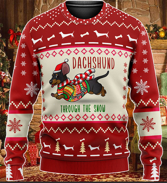 Dachshund Through The Snow Christmas KNITTED Sweater, Christmas Ugly Sweater, Christmas Gift, Gift Christmas 2024