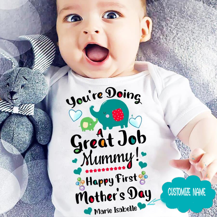 Elephant Our first Mother's Day Custom Name Baby Onesie, Mother's day 2021 Bodysuit  Custom name