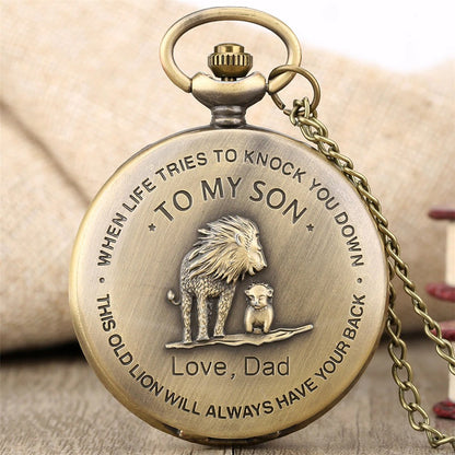 To My Son Theme Pocket Watch Bronze Necklace Chain Gifts for Kids Lion
