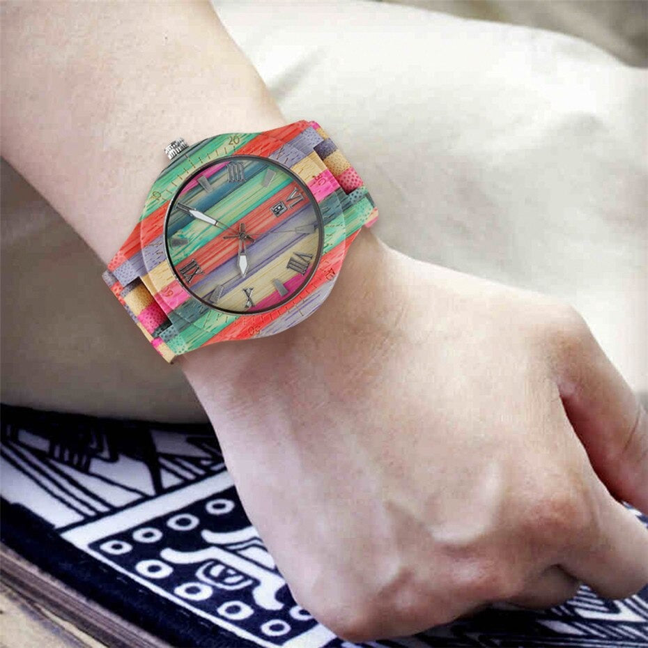 Creative Colorful Wood Watch Lady Quartz Wooden Wristwatches Unique Wood Men Watch Minimalist Display Man Clock