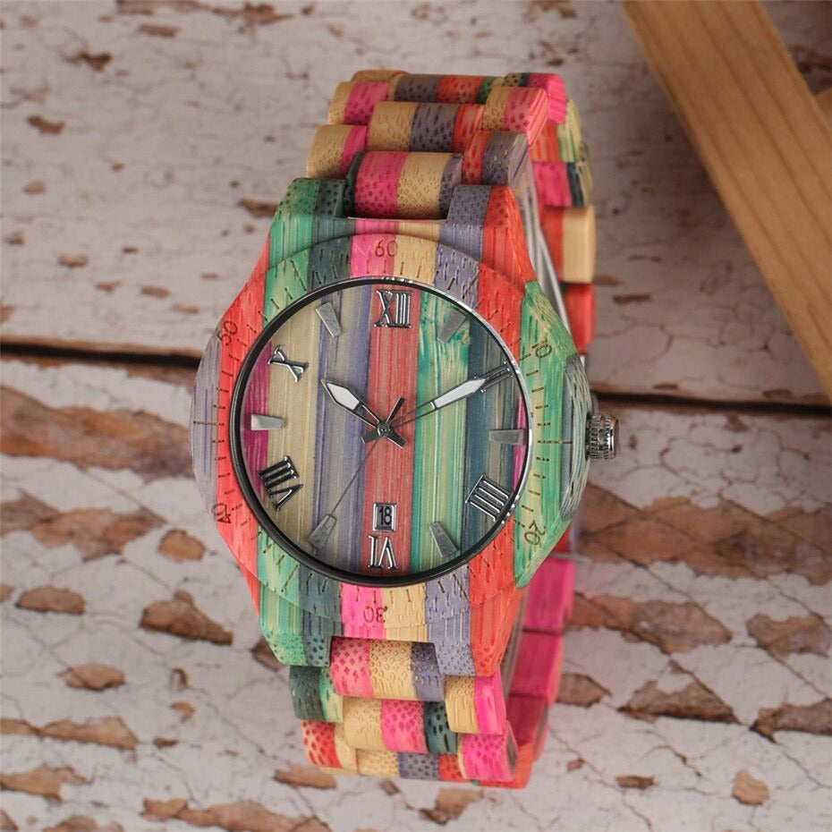 Creative Colorful Wood Watch Lady Quartz Wooden Wristwatches Unique Wood Men Watch Minimalist Display Man Clock