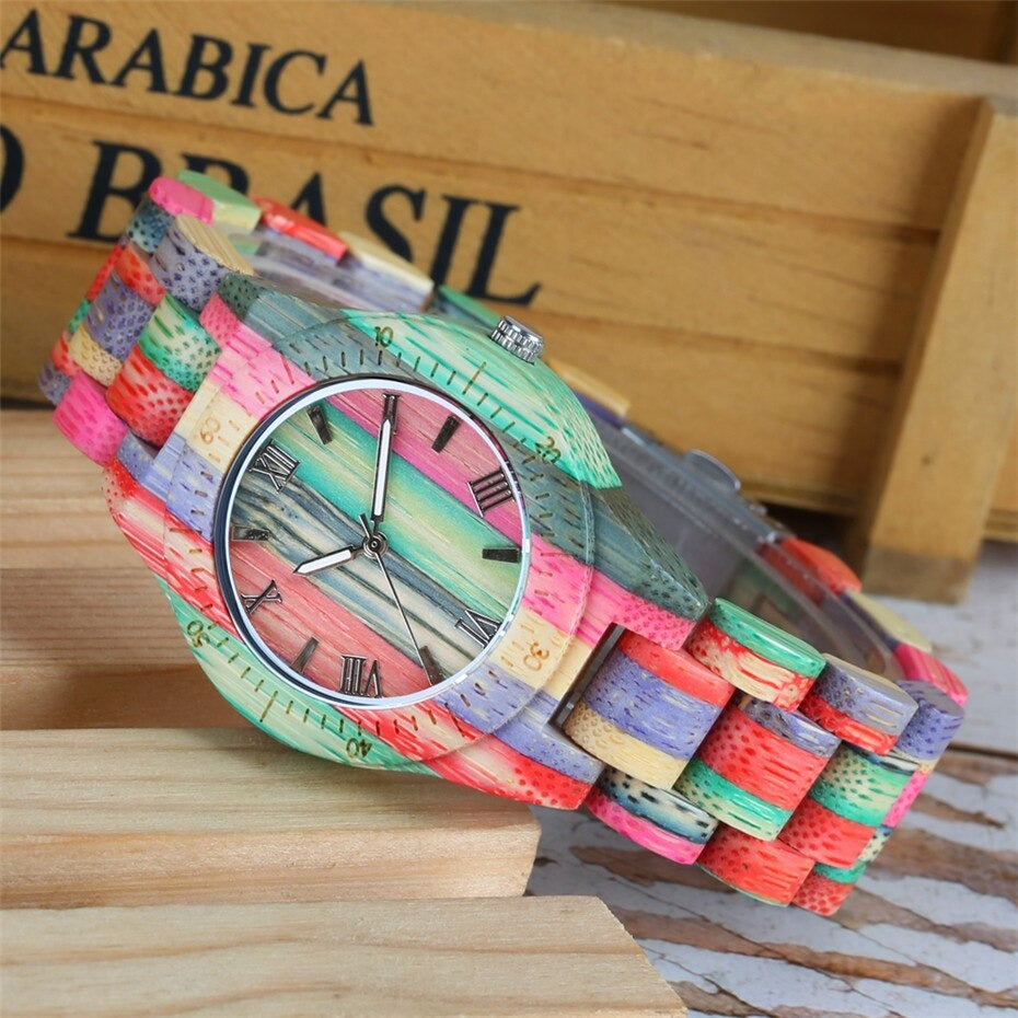 Creative Colorful Wood Watch Lady Quartz Wooden Wristwatches Unique Wood Men Watch Minimalist Display Man Clock