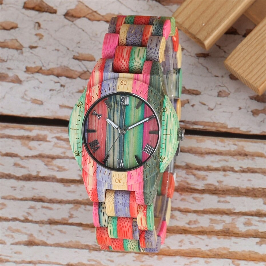 Creative Colorful Wood Watch Lady Quartz Wooden Wristwatches Unique Wood Men Watch Minimalist Display Man Clock