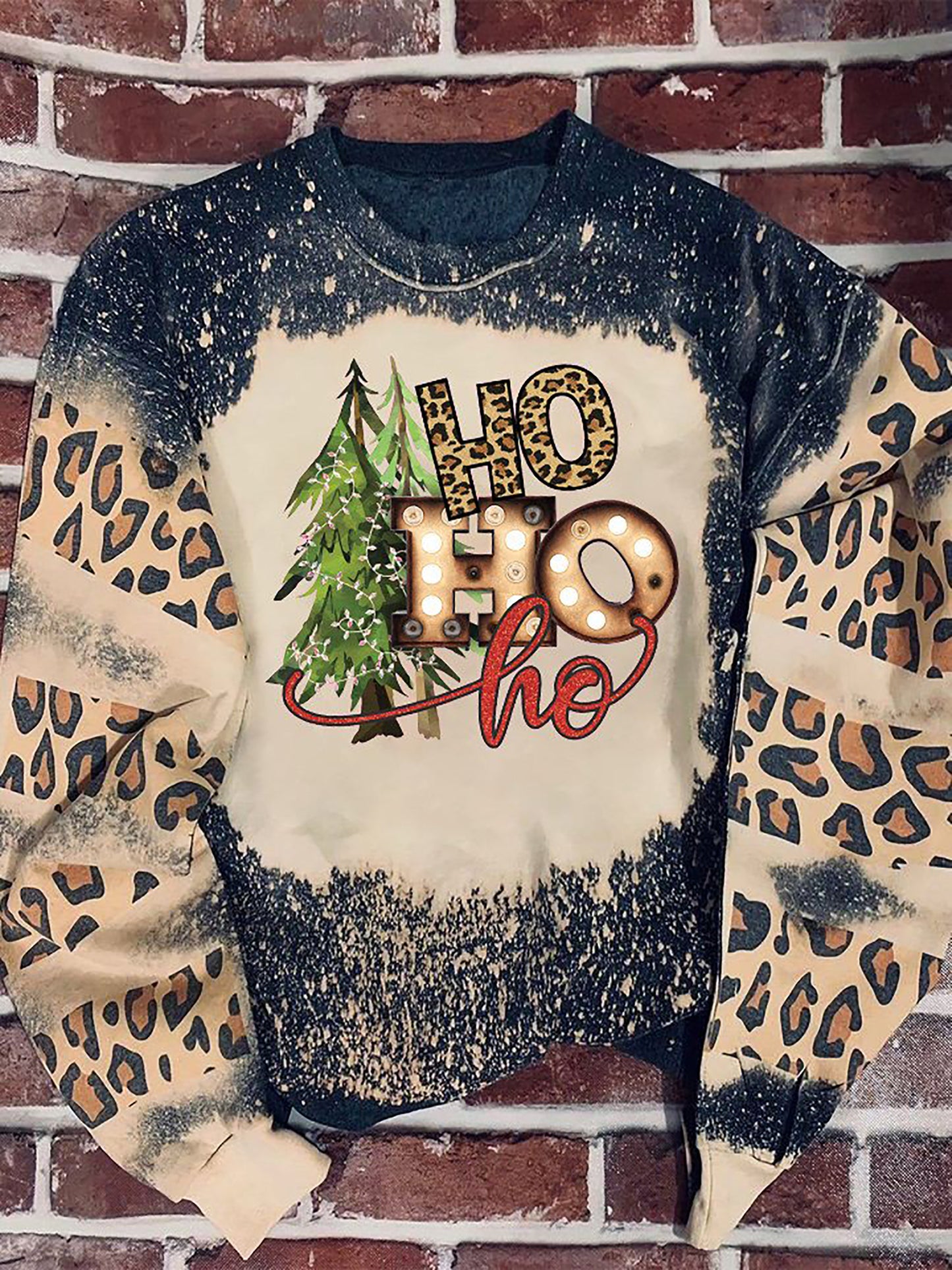 Hohoho tree Christmas Leopard Bleached Sweater, Christmas Ugly Sweater, Christmas Gift, Gift Christmas 2024