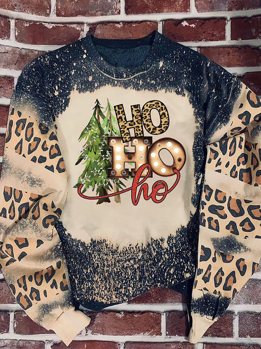 Hohoho tree Christmas Leopard Bleached Sweater, Christmas Ugly Sweater, Christmas Gift, Gift Christmas 2024