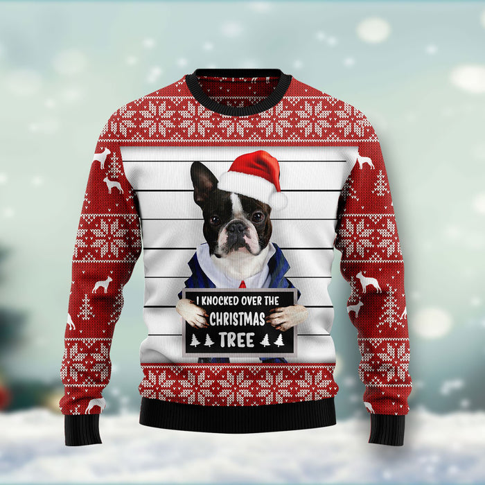 I Knocked Over The Christmas Tree Boston Terrier Sweater, Christmas Ugly Sweater, Christmas Gift, Gift Christmas 2024