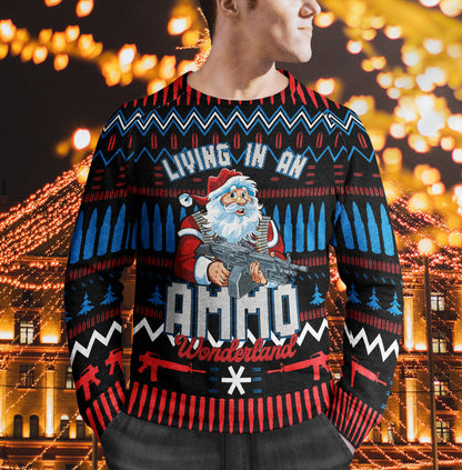 Living In An Ammo Wonderland Weihnachtspullover mit dem Aufdruck „Bad Santa“ Lustiger, hässlicher Weihnachtspullover für die ganze Familie