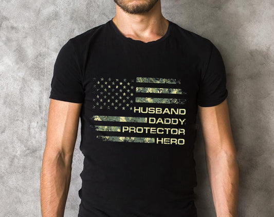 Mens Husband Daddy Protector Hero Shirt Fathers Day Flag Gift Tee T-Shirt