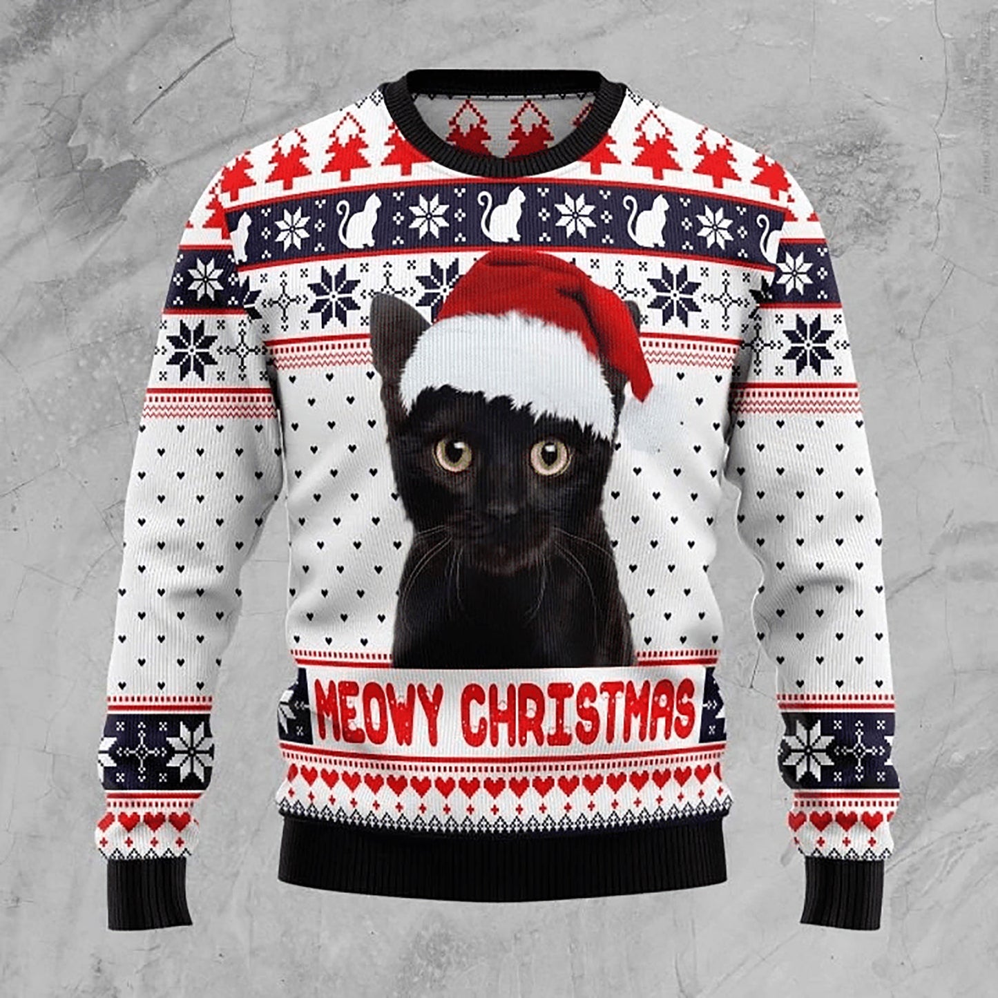 Meowy Black Cat Christmas White Sweater, Christmas Ugly Sweater, Christmas Gift, Gift Christmas 2024