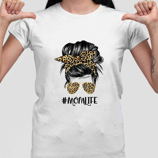 Mom Life Messy Hair Bun Leopard Mother's Day Shirt