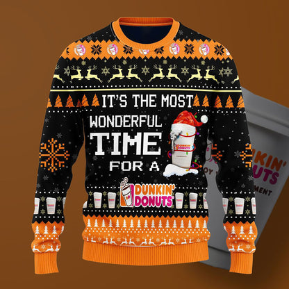 Most Wonderful Time For A Dunkin Donuts Christmas Sweater, Christmas Ugly Sweater, Christmas Gift, Gift Christmas 2024