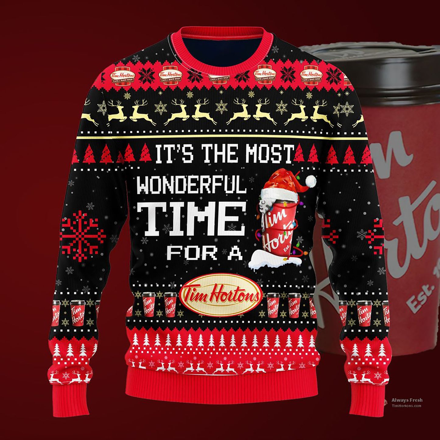 Most Wonderful Time For A Tim Hortons Christmas Sweater, Christmas Ugly Sweater, Christmas Gift, Gift Christmas 2024