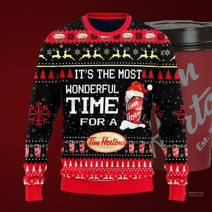 Most Wonderful Time For A Tim Hortons Christmas Sweater, Christmas Ugly Sweater, Christmas Gift, Gift Christmas 2024