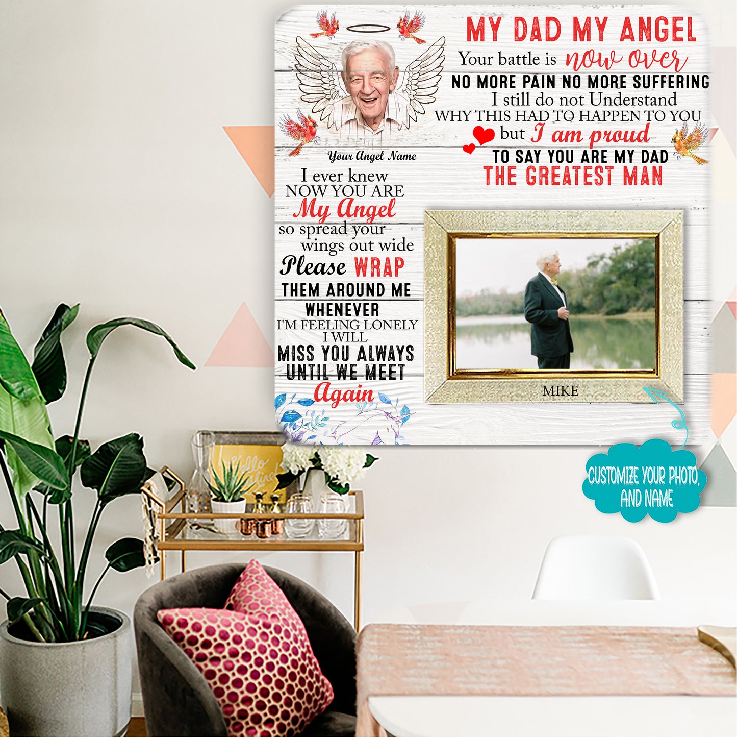 My dad my heaven in heaven Memorial Picture Frame - Keepsake Plaque That Holds a custom Photo - Sympathy Gift to Tribute The Loss of a Loved One