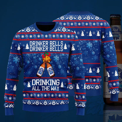 Pabst Blue Ribbon Drinker Bells Drinker Bells Drink Sweater, Christmas Ugly Sweater, Christmas Gift, Gift Christmas 2024