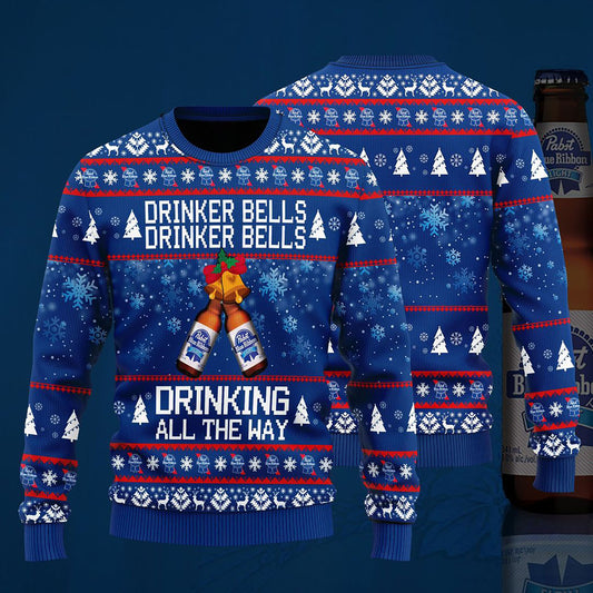 Pabst Blue Ribbon Drinker Bells Drinker Bells Drink Sweater, Christmas Ugly Sweater, Christmas Gift, Gift Christmas 2024