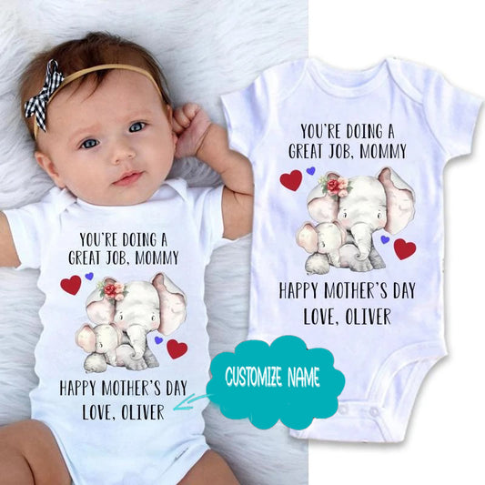 Personalized Elephant Mother's Day Baby Onesies and Matching Mom Shirts