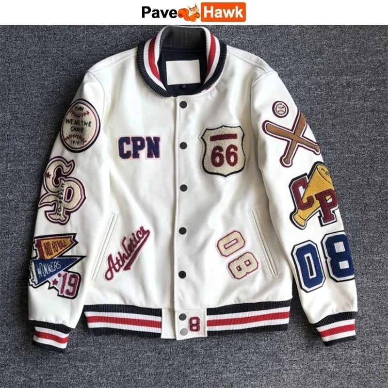 Bomber Leather Jacket Men Motorcycler Flocking Embroidery Loose Biker PU Baseball Jackets Mens High Street Racing Coat 2023