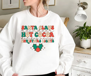 Santa Claus Reindeer Hot Cocoa Holiday Movies Christmas Lights Sweatshirt, Christmas Sweater, Christmas Tree Sweatshirt, Holiday Sweaters