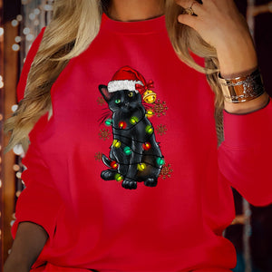 SWEATSHIRT BLACK CAT Santa Hat Christmas Lights Jumper Funny Family Holiday Outfit Cat Lovers Xmas Sweatshirts