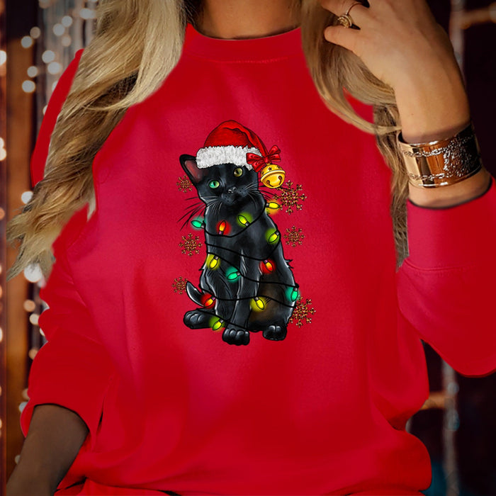 SWEATSHIRT BLACK CAT Santa Hat Christmas Lights Jumper Funny Family Holiday Outfit Cat Lovers Xmas Sweatshirts