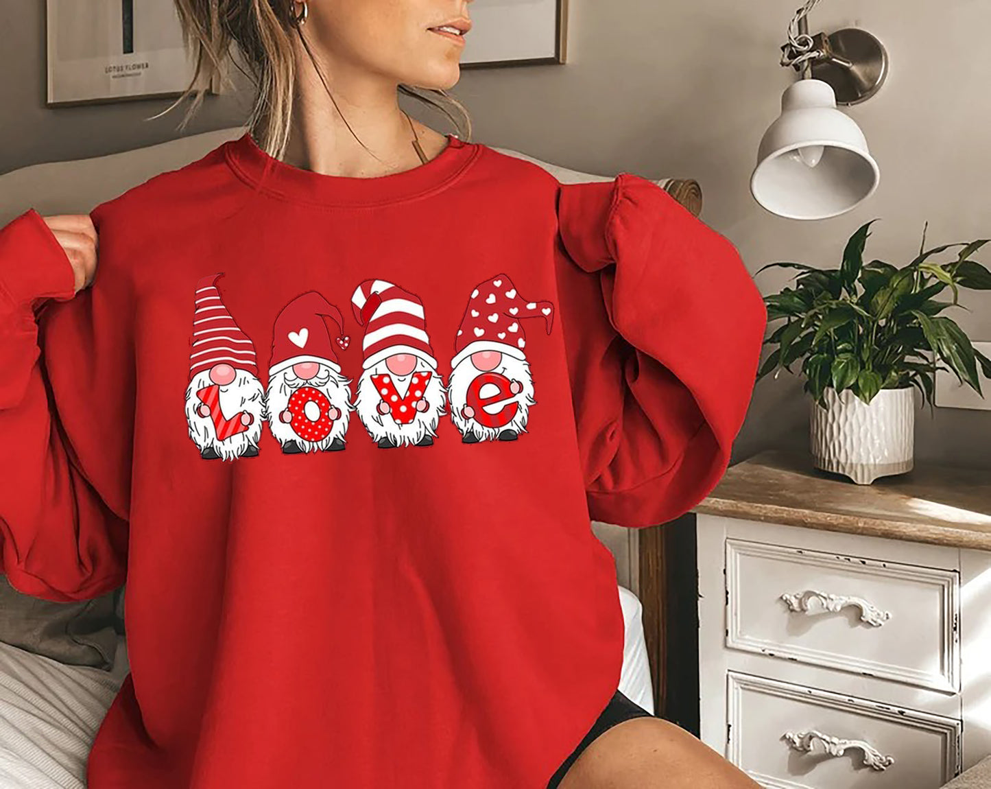 Valentine's Day Sweatshirt for Women,Adorable Gnome Love Print Tops Shirts Casual Long Sleeve Crewneck Sweatshirts