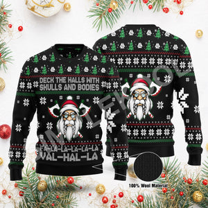 Viking Deck The Halls With Skulls And Bodies Ugly Sweater, Fa La La Vahalla Funny Sweater Viking Family Gift Idea