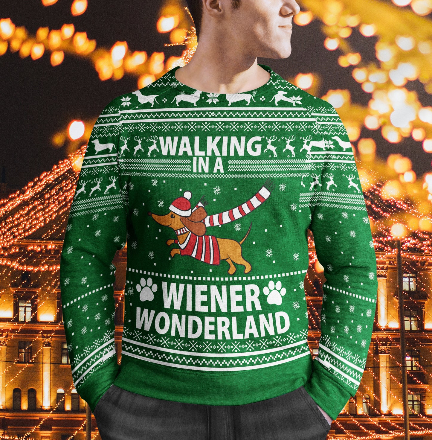 Walking In A Wiener Wonderland Merry Christmas Ugly Sweater Lustiger Weihnachtspullover für die ganze Familie, Geschenkidee für Hundeliebhaber